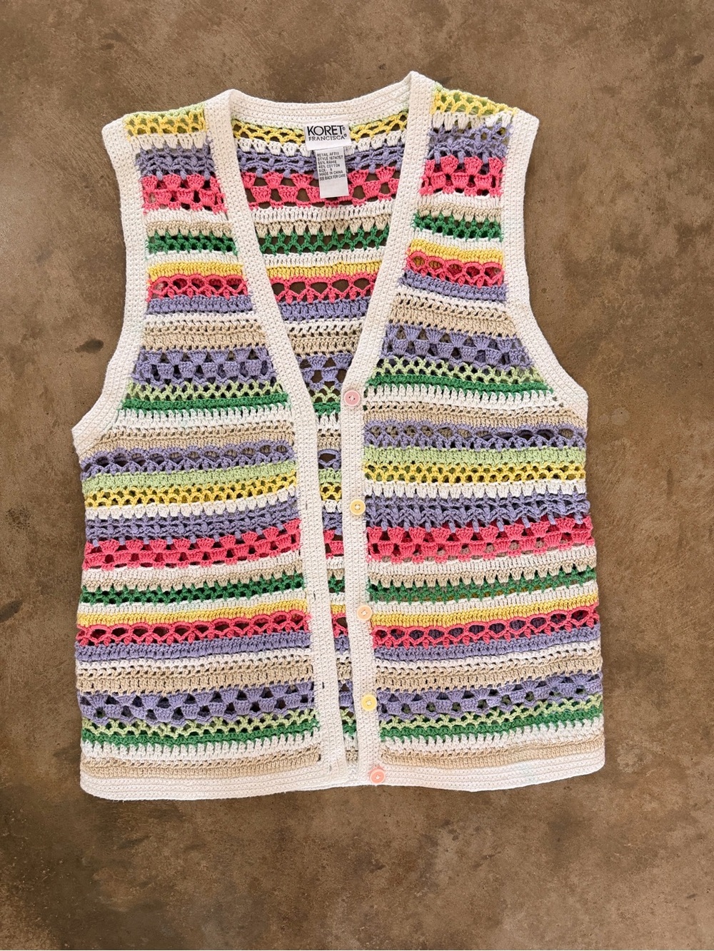 Koret Francisca Crochet Vest Pastel Striped Button Front Size Small